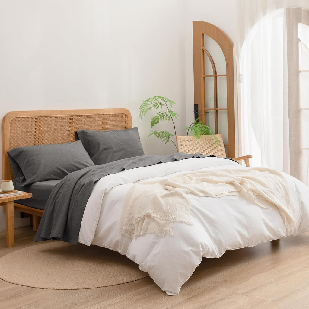 BESTOUCH Sheet Set 100% Washed Cotton Linen Feel Super Soft Comfortable Chic Lightweight 4 Pcs Home Bedding Set Solid Dark Grey Cal King