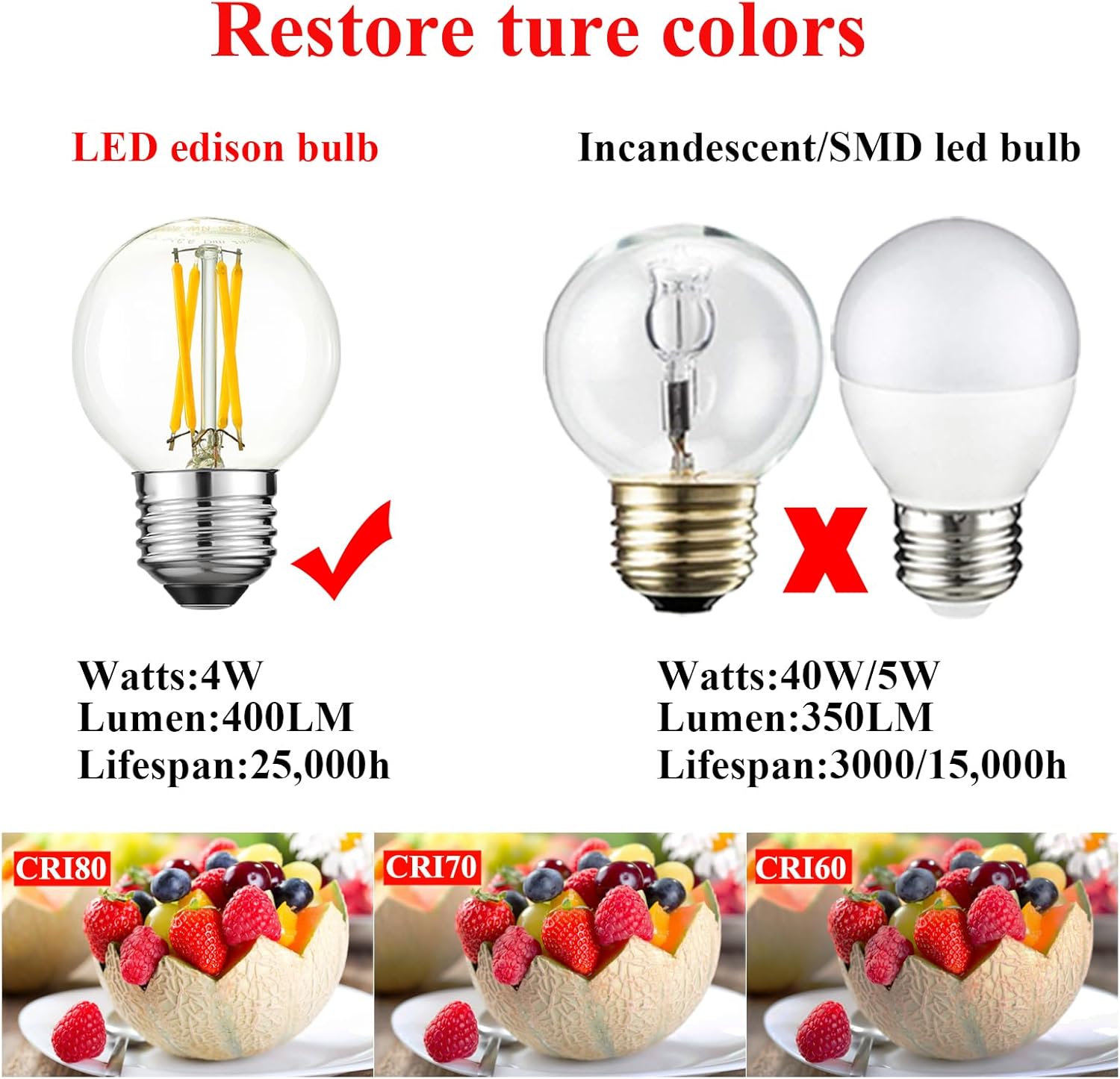 Arberlic G16.5 Light Bulb dimmable,4W E26 LED Bulb Equivalent 40 watt e26 Bulb,Neutral White 4000K,400lm,CRI>85,AC120V,Edison Style,Clear Glass,Flicker Free,Pack of 6