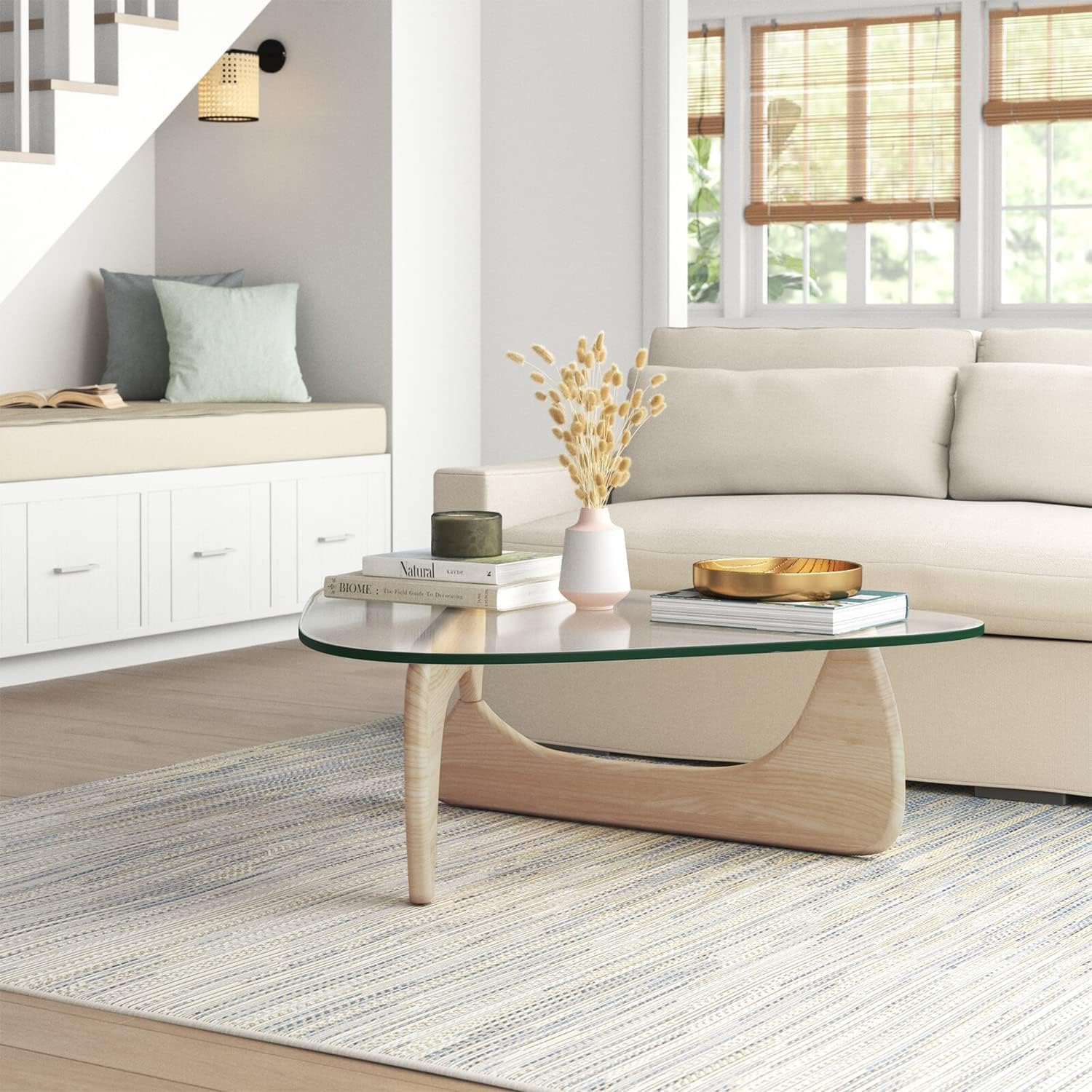 Noguchi Triangle Glass Coffee Table, Mid-Century Modern Coffee Table, Solid Wood Base and Triangle Clear Glass Top Modern Table for Living Room, Office, Patio