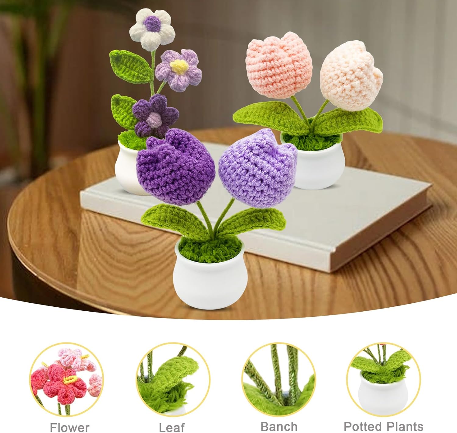 3pcs Crochet Flowers Cute Potted Flower,Mini Flower Bouquet for Mom Wife, Cute Desk Decor for Women,Artificial Handmade Flowers for Car Dashboard,Home Office Decoration (Color#5)