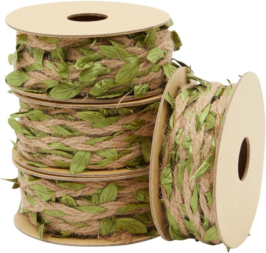 Juvale Burlap Leaf Ribbon - Jungle, Safari & Fairy Party, Enchanted Forest Decor, Vines for Crafts (4 Rolls, 65.6 Ft Total)