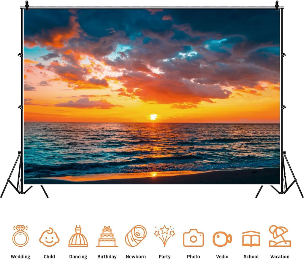 Yeele 12x8ft Seaside Sunset Backdrop Summer Beach Sunrise Scenery Photography Background Ocean Fire Clouds Dusk Landscape Home Decoration Wallpaper Portrait Photo Studio Props