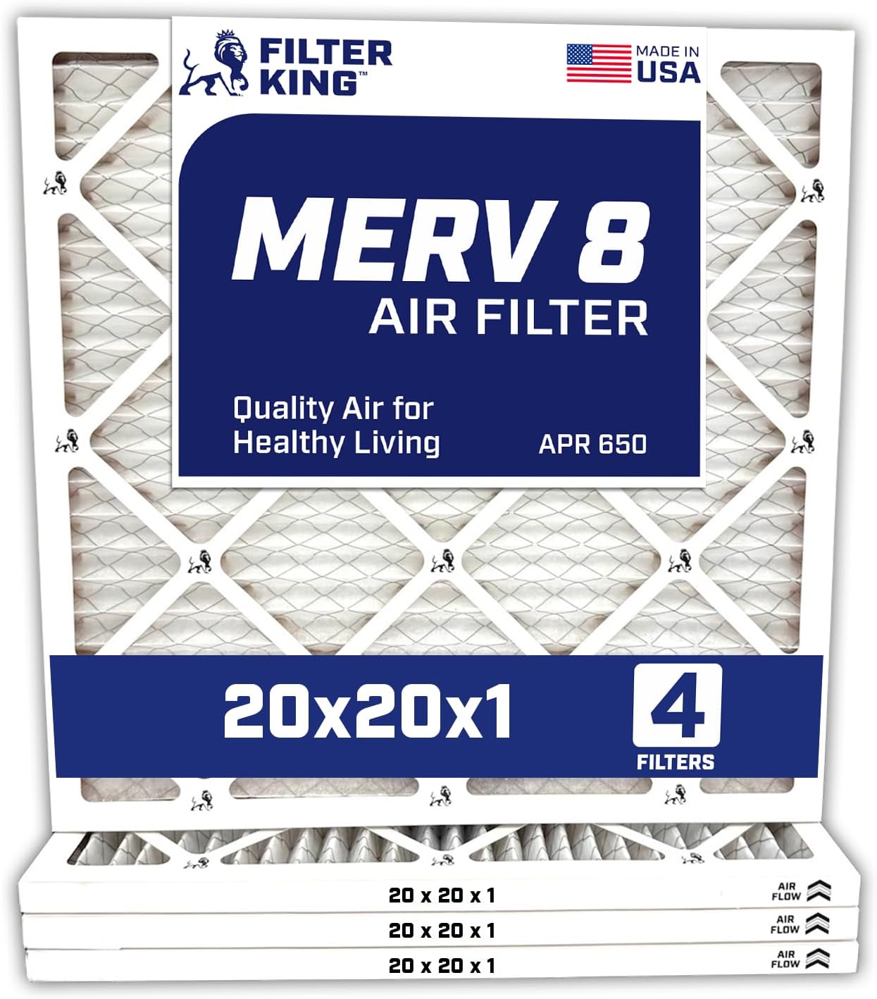 Filter King 20x20x1 Air Filter | 4-PACK | Carbon MERV 8 HVAC Pleated A/C Furnace Filters | MADE IN USA | Actual Size: 19.5 x 19.5 x .75"