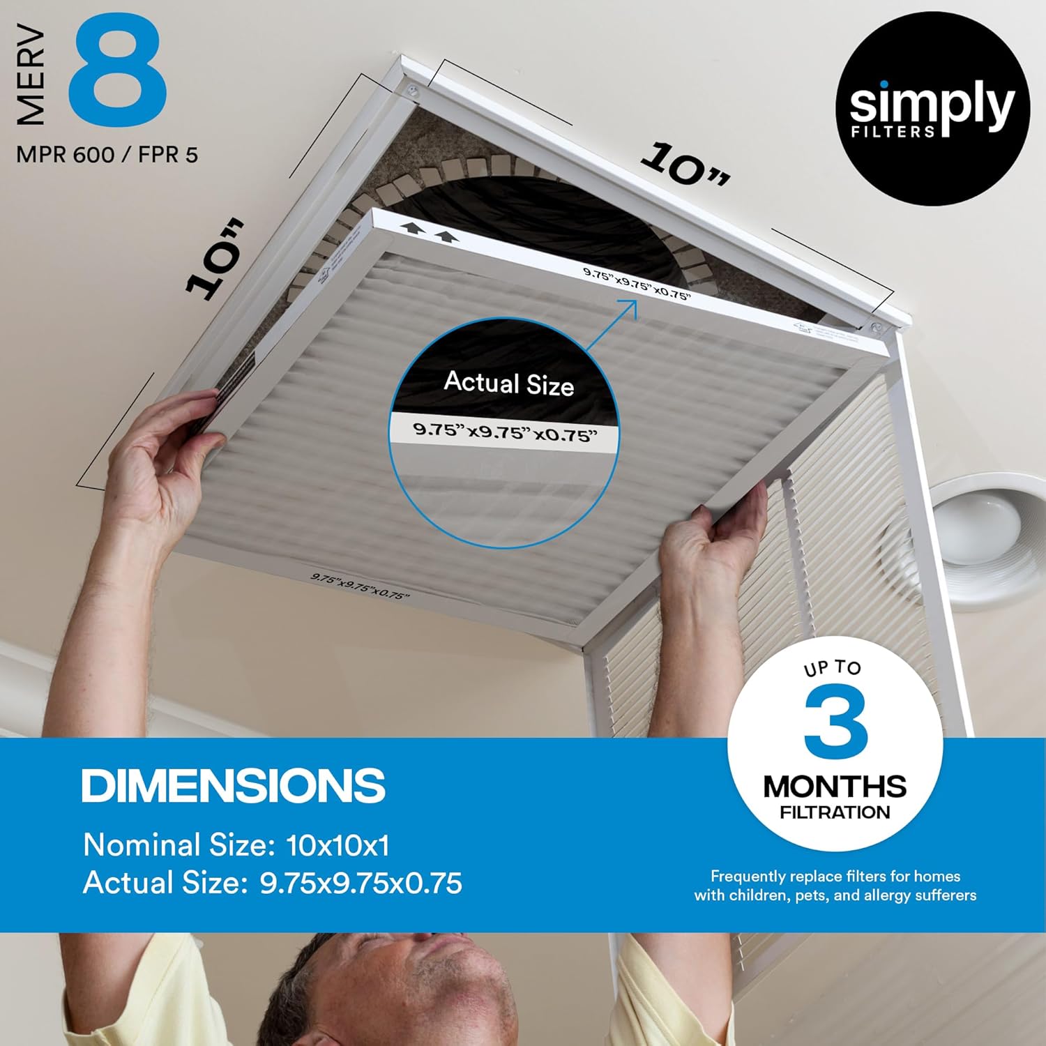 Simply 10x20x1 Air Filter, MERV 8, 6 Pack, For Home AC Furnace & HVAC (Actual Size: 9.75"x19.75"x0.75") DUST, Pet, & Allergy Control