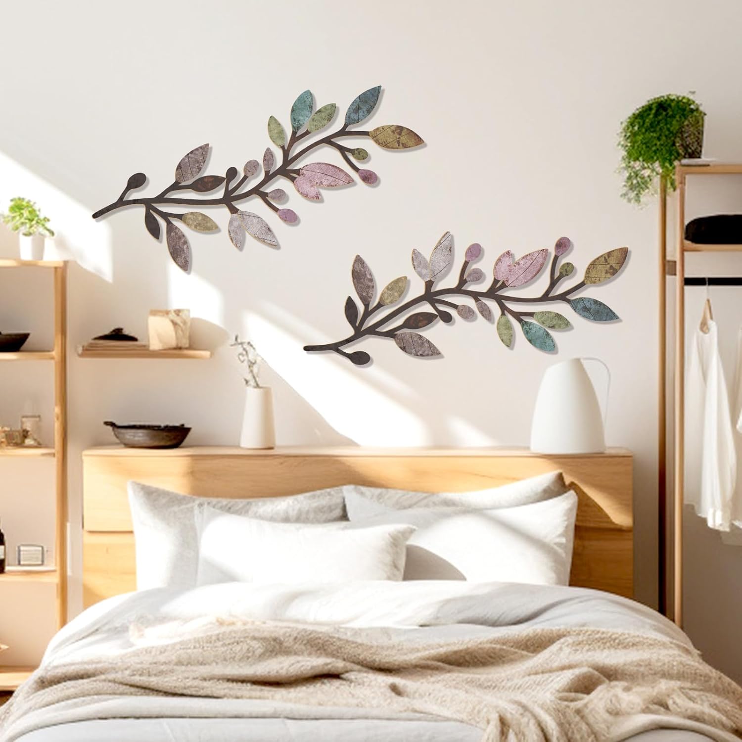 Zzbakress 2 Pcs Colorful Tree Leaf Wall Art Decor Vine Home Wall Decor Olive Branch Leaf Wall Ornament Large Wall Decor for Bedroom, Living Room, Wall Sculptures Indoor Outdoor (Multicolor)