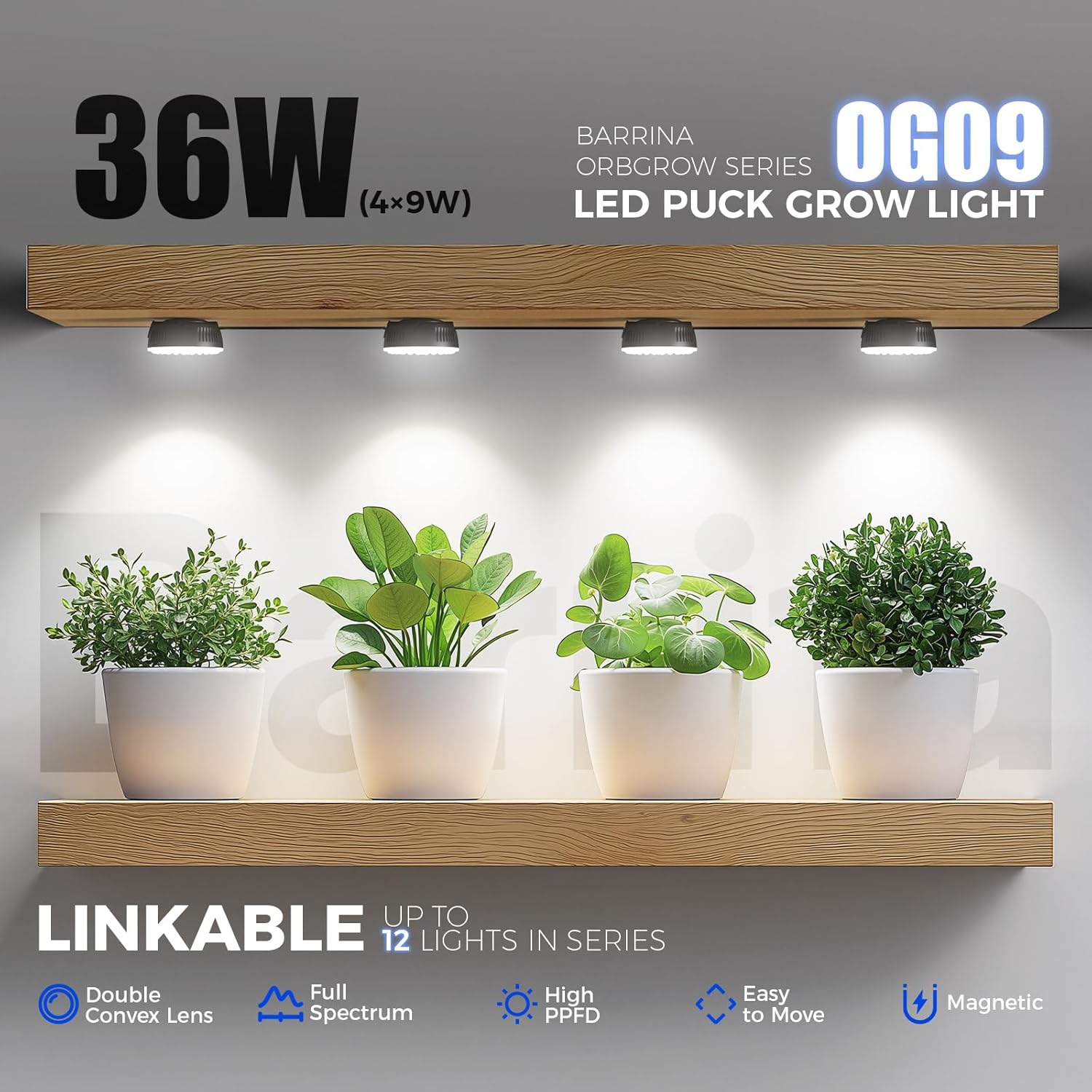 Barrina Orbgrow OG09 Puck LED Grow Light, 5000K 36W(4 x 9W, 540 Watt Equiv), Plant Lights for Indoor Plants Full Spectrum, Magnetic & Linkable, Small Grow lamp, Perfect for Plant Shelf, 4 Packs, Black