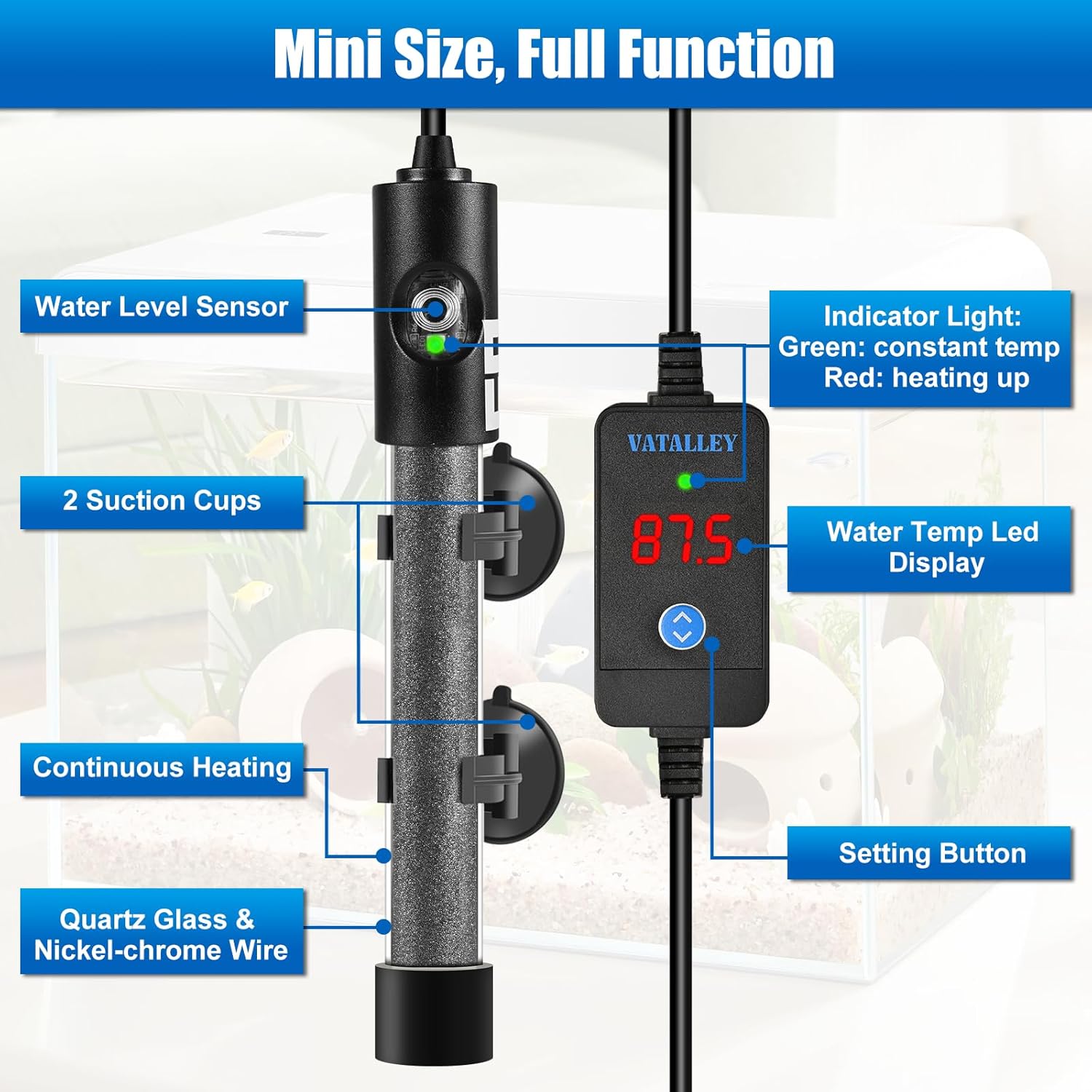 Submersible Aquarium Heater for Fish Tank: 50W/100W/200W/300W/500W Betta Turtle Heaters with Adjstable Temperature Digital LED Controller - Overheating and Off-Water Protection for 60-90 Gallon