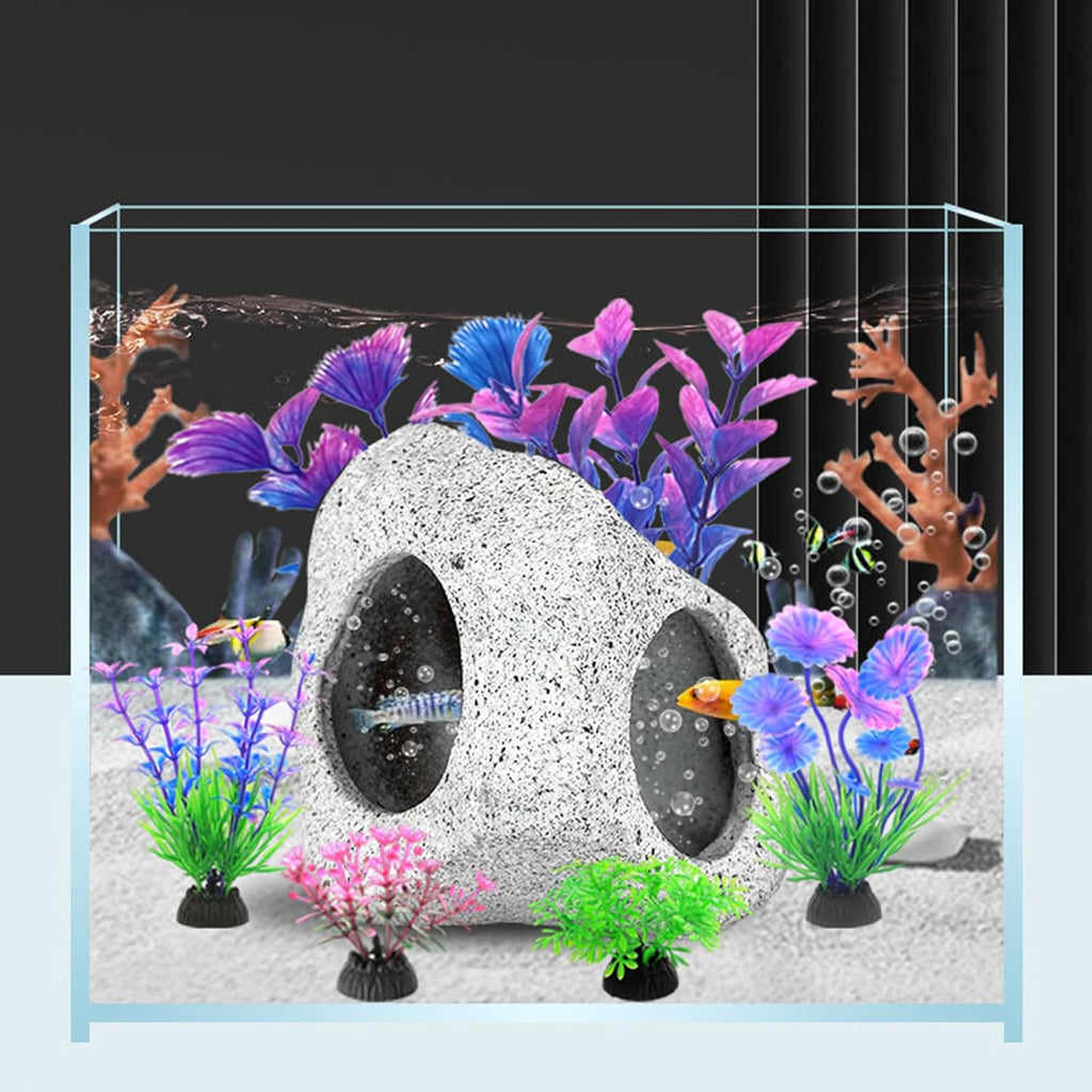 Fish Tank Decorations Set, Aquarium Decor Hideaway Rock Cave x 1pc, Decor Accessories Aquatic Plants x 6pcs.