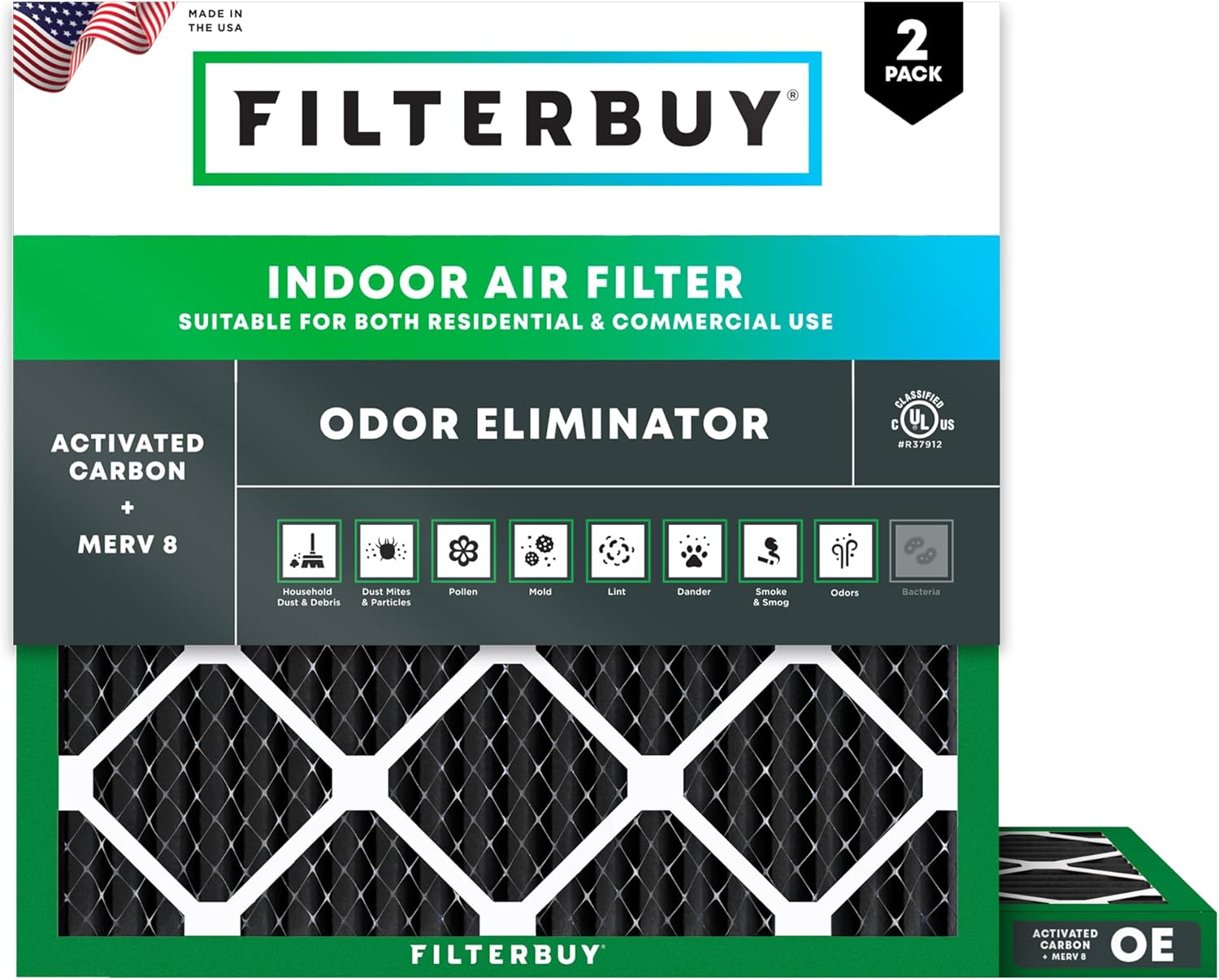 Filterbuy 18x18x1 Air Filter MERV 8 Odor & Allergy Defense with Activated Carbon (2-Pack), Electrostatic Pleated HVAC AC Furnace Filters Replacement, Made in USA (Actual Size: 17.75 x 17.75 x 0.75)