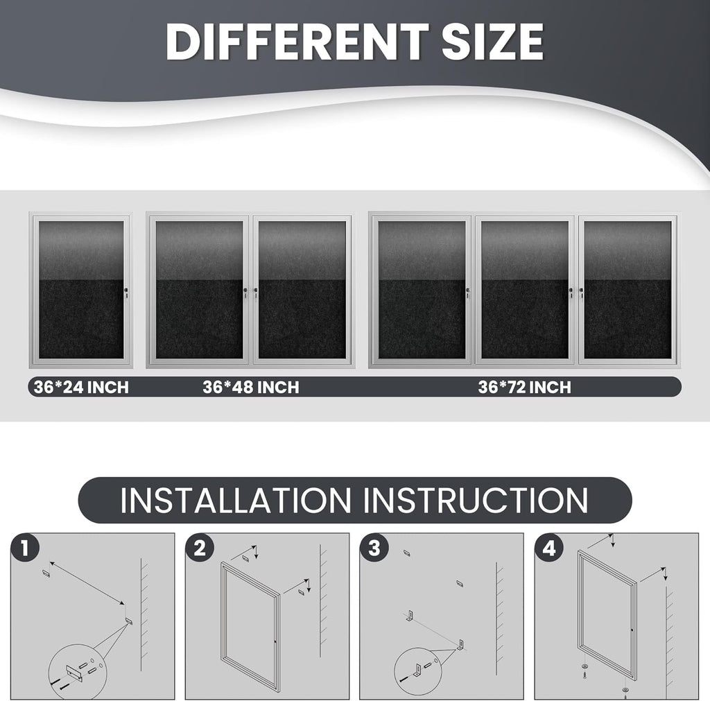 36"x24" Lockable Enclosed Bulletin Board, Outdoor Flet Weather-Resistant Aluminum Frame Notice Board, Wall Mounted Display Case Acrylic Doors for School,Office,Silver Frame w/Black Flet