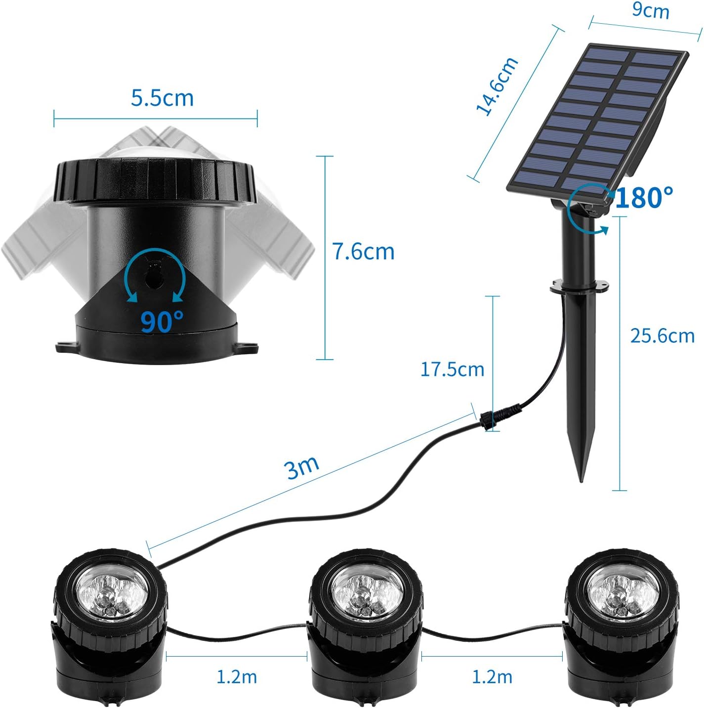 T-SUN Solar Pond Lights, 3 in 1 RGB Color Changing Underwater Pond Lights, Outdoor Waterproof LED Landscape Spotlights for Fish Tank Garden Yard Pool Pond Fountain Waterfall Decoration(3 Head Lamp)