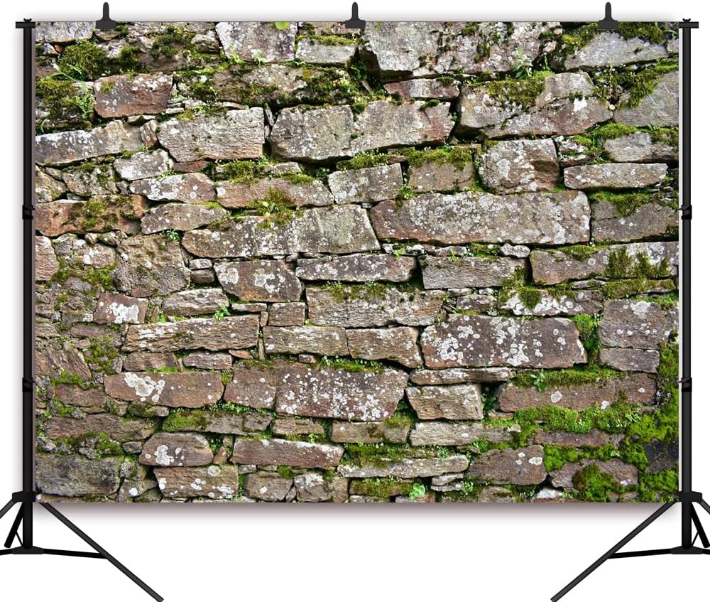 CapiSco Vintage Brick Stone Wall Backdrop 7x5FT Vintage Textured Stone Ancient Rock Wall Castle Wall Overgrown Wall Green Leaf Background Medieval Castle Mossy Stone Wall for Party Decorations