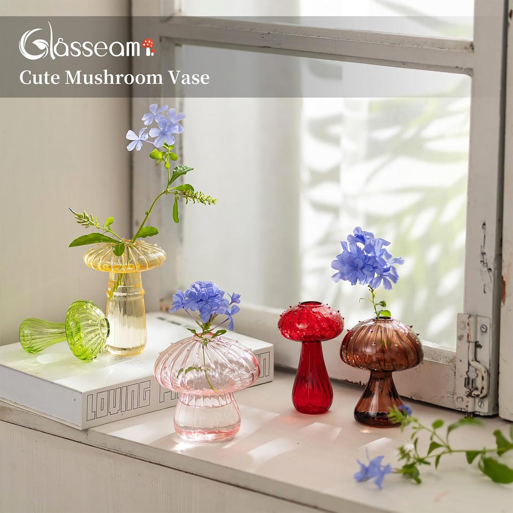 Glasseam Mushroom Planter Propagation Vase, Set of 10 Glass Terrariums for Plants, Cute Hydroponic Small Planter, Colored Propagate Station, Decorative Bud Vases for Flowers, Unique Gifts for Women