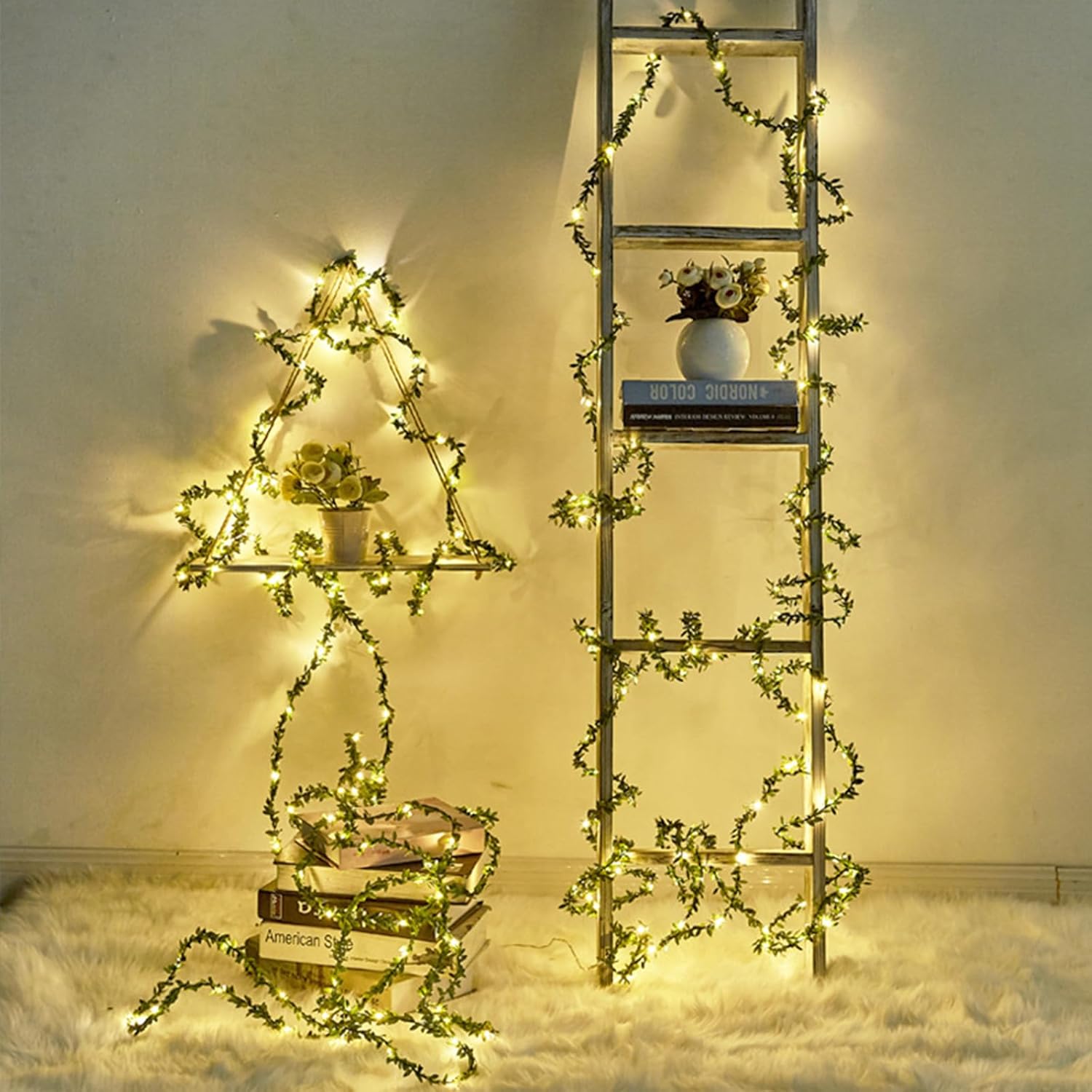 Vine String Lights, Green Leaf String Lights 16FT 50 LED Battery Operated Artificial Garland Plant Vine Fairy Lights for Indoor Outdoor Christmas Decorative Patio Wedding Garden