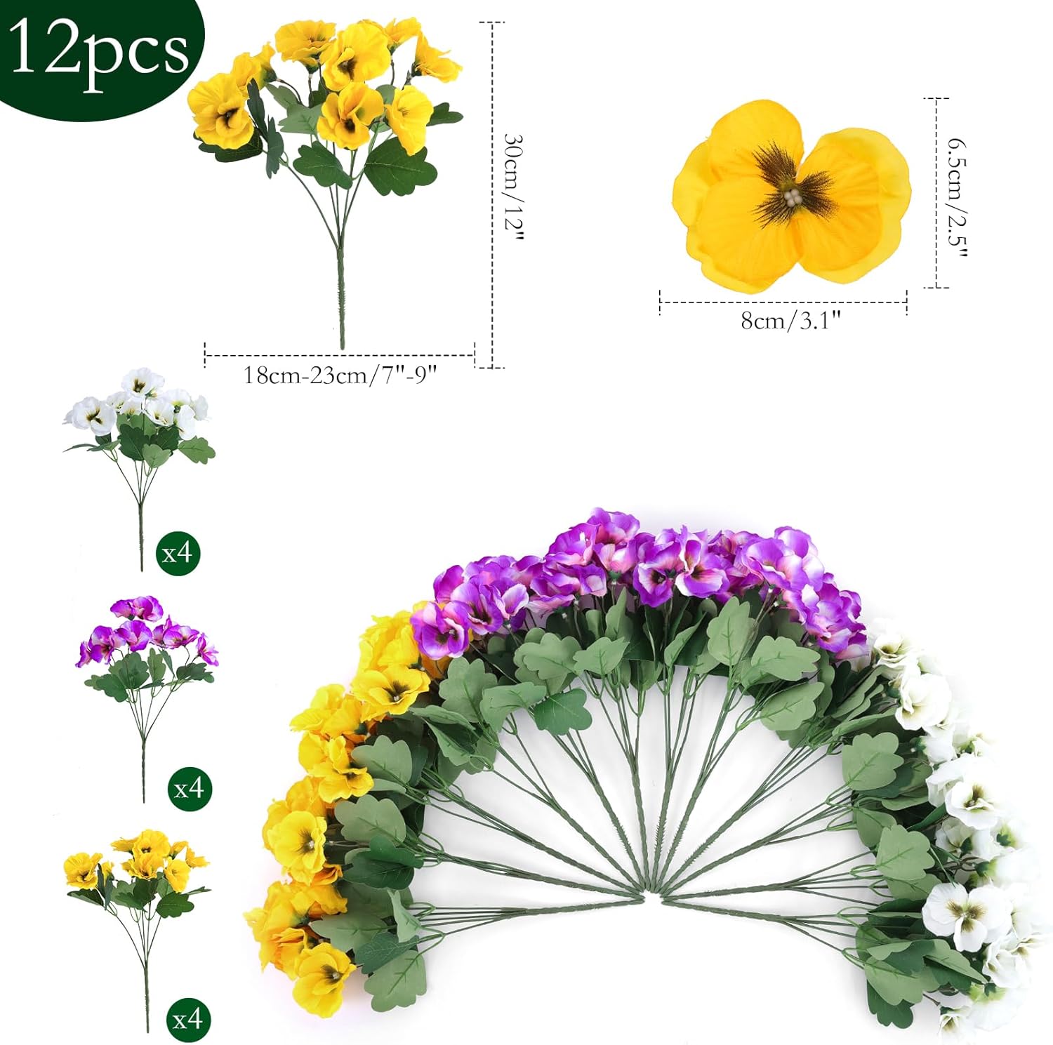 Hananona 12 Bundles Artificial Flowers Outdoor UV Resistant Artificial Silk Pansies Faux Plastic Flower in Bulk Fake Outdoor Plants(12, Yellow, White, Purple)