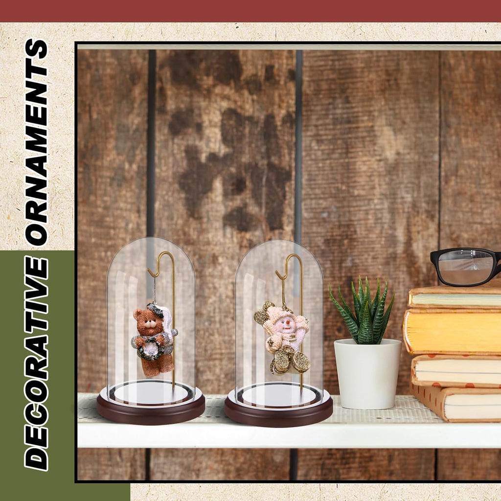 2 Pcs Pocket Watch Glass Display with Hooks Dome Cloche with Wood Base Decorative Glass Display Dome Showcase for Watch Plants Medals Photos Collectibles Dark MDF Base(4" X 7",Gold Hook)