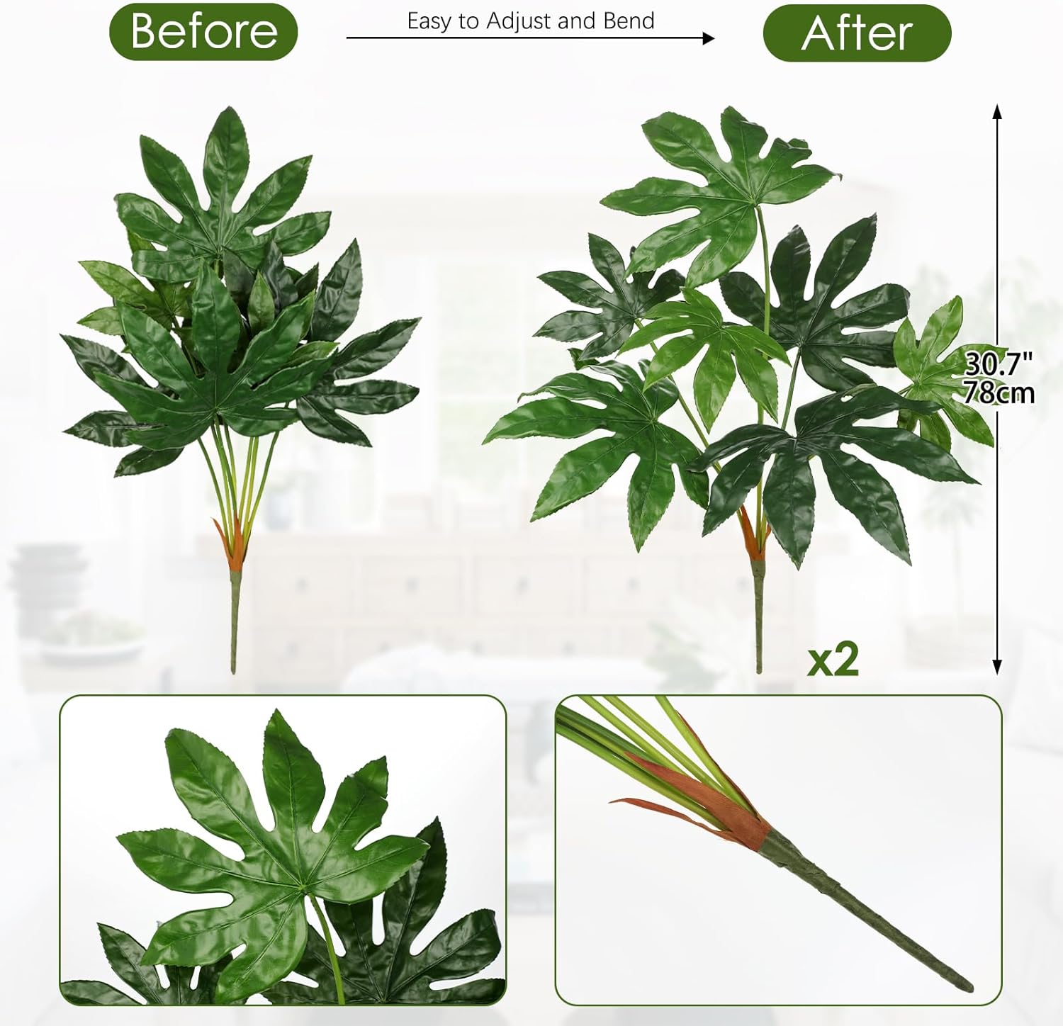 Hollyone 2PCS Artificial Fatsia Jaonica Leaves 30.7" Fake Tropical Monstera Bushes Tree Leaf Large Faux Greenery Stem Shrub for Indoor Outdoor Home Garden Arrangement Jungle Safari Wedding Party Decor