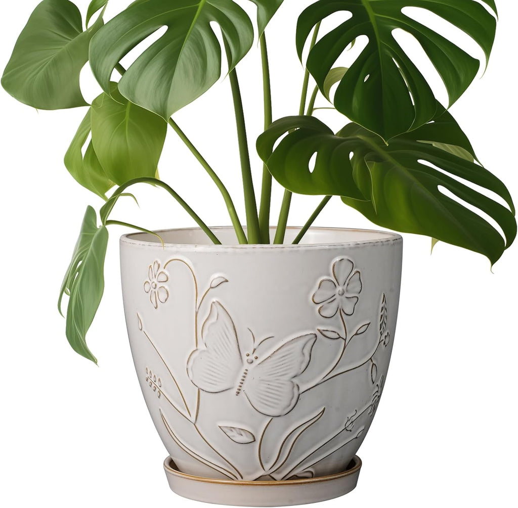 8 Inch Ceramic Pots for Plants Large Planter Pot with Drainage Hole and Saucer Round Flower Pot for Indoor Outdoor Decor, White