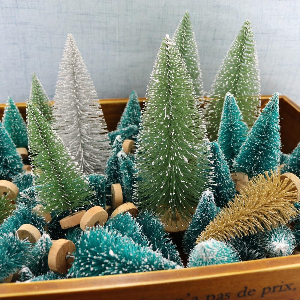 8 Pcs Artificial Mini Christmas Trees, Miniature Pine Trees Sisal Trees with Wood Base Tabletop Christmas Tree for Christmas Xmas Holiday New Year (Pink, 8 pcs)
