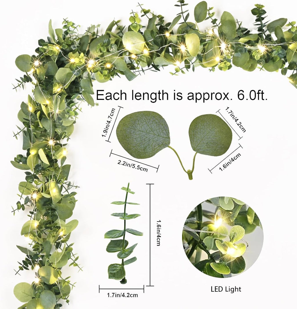 Dolicer 2 Packs 6FT Artificial Eucalyptus Garland with LED Light String, Faux Greenery Garland Hanging Fake Silver Dollar Eucalyptus Leaves Vines for Wedding Backdrop Arch Table Wall Party Home Decor