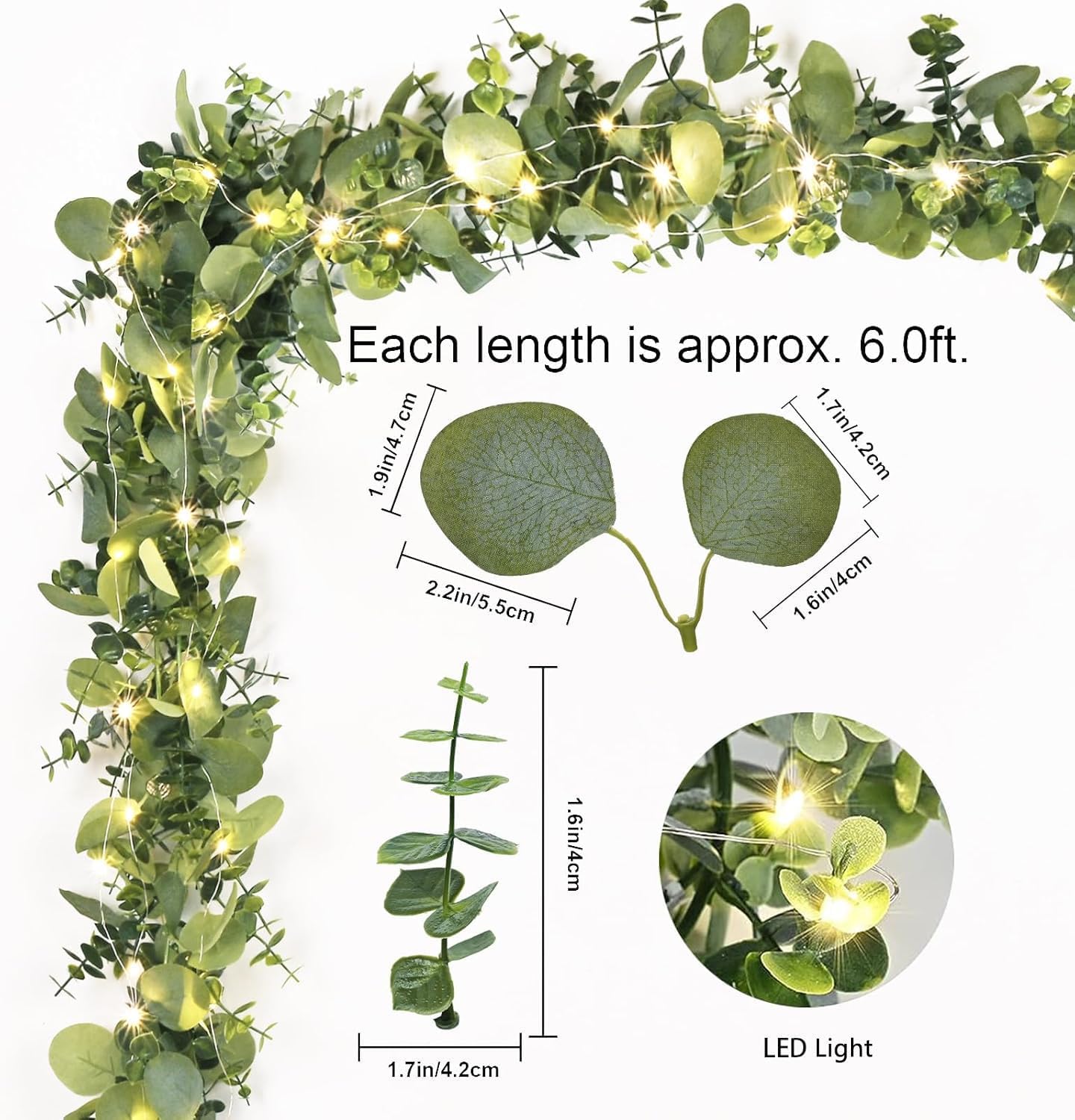 Dolicer 2 Packs 6FT Artificial Eucalyptus Garland with LED Light String, Faux Greenery Garland Hanging Fake Silver Dollar Eucalyptus Leaves Vines for Wedding Backdrop Arch Table Wall Party Home Decor