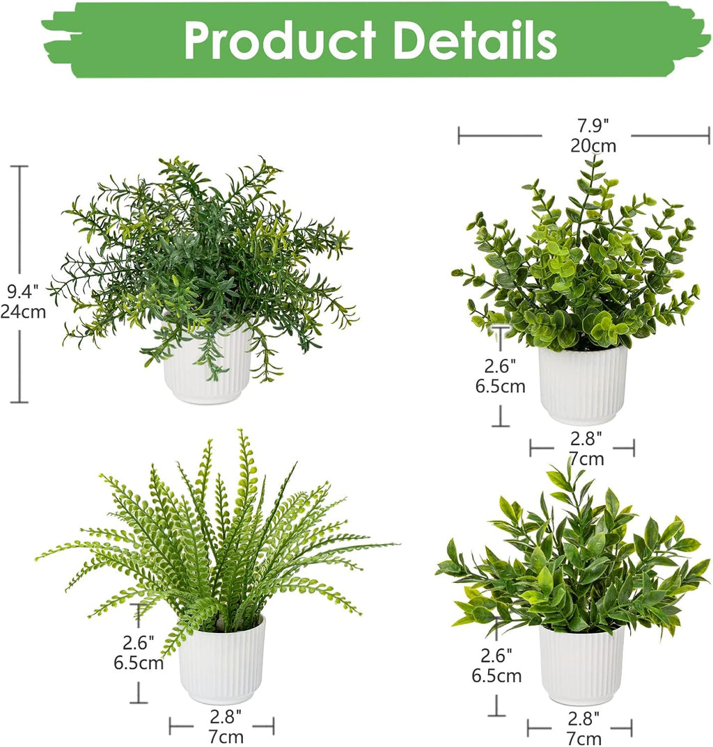 Hollyone 4 Pack Artificial Potted Plants Eucalyptus Rosemary Boston Fern ZZ Plant Fake Plant in Pot Small Faux Plant Greenery Aesthetic Indoor Home Decor Bathroom Bedroom Table Shelf Office
