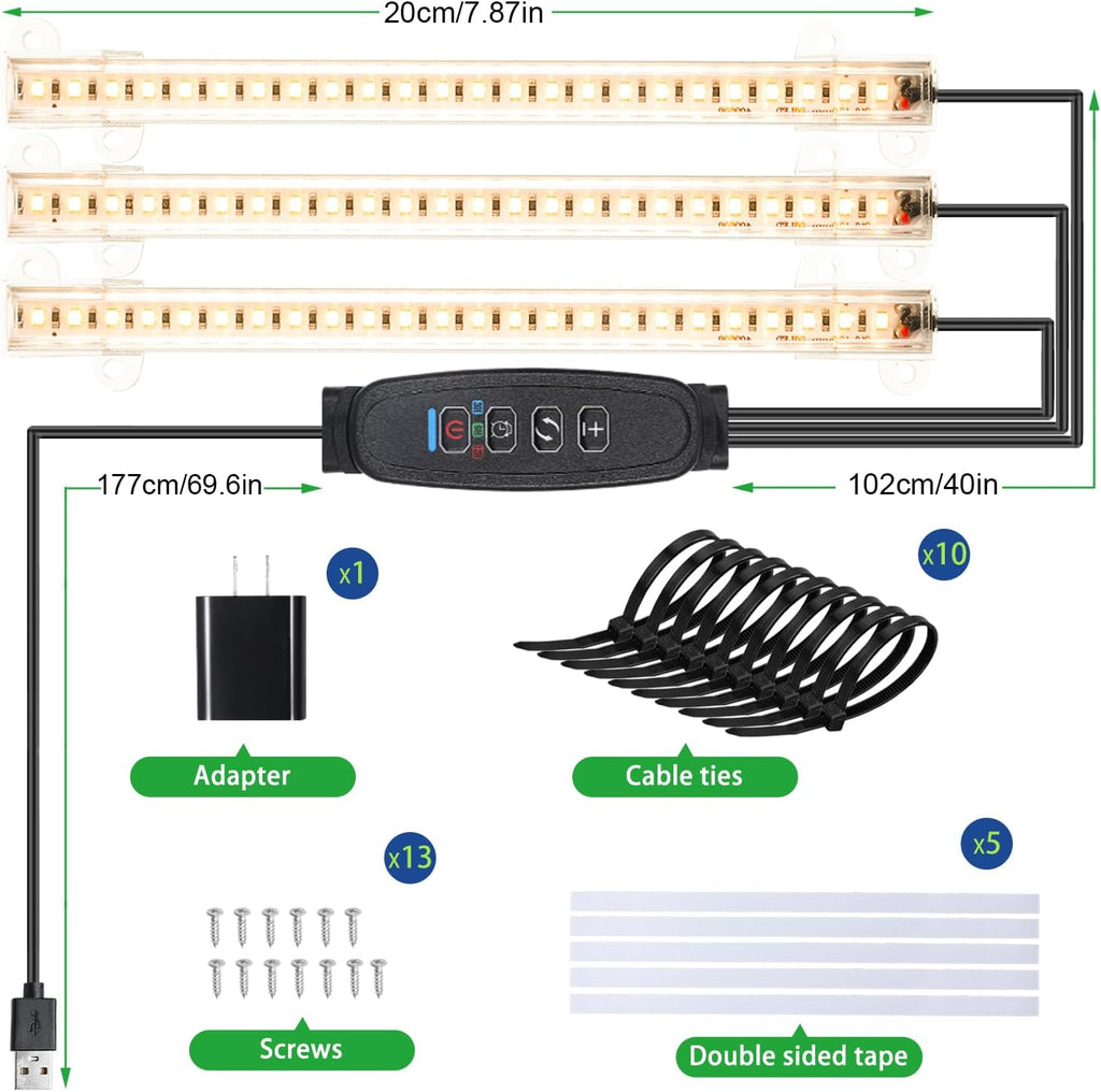 3 Head 7.8 Inches LED Grow Light Strips, Grow Lamps for Indoor Plants Full Spectrum 3000K, 72 LEDs Plant Light Strips with 3/9/12H Timer, 10 Dimmable Levels for Seedling Succulent