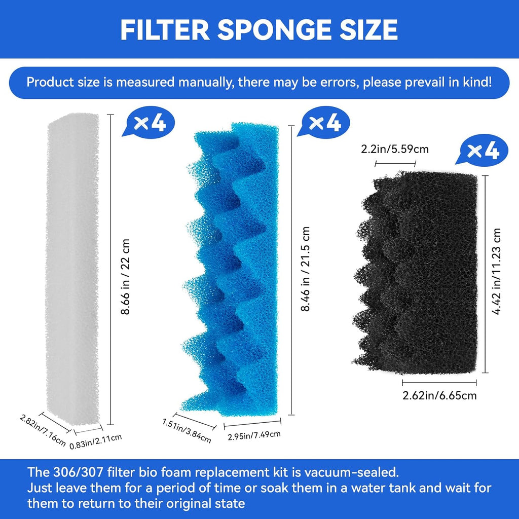 Bio Foam for Fluval 306,307 Canister Filters, Aquarium Filter Media Replacement Sponge Kit, Includes 4 White 4 Blue 4 Black Filter Foam for Fluval Fish Tank Biological Filtration, 12 Pack