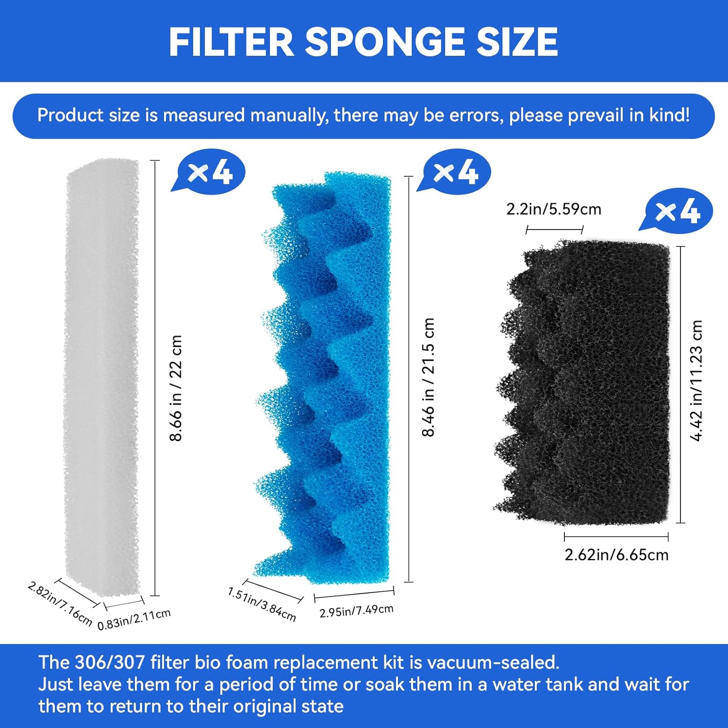 Bio Foam for Fluval 306,307 Canister Filters, Aquarium Filter Media Replacement Sponge Kit, Includes 4 White 4 Blue 4 Black Filter Foam for Fluval Fish Tank Biological Filtration, 12 Pack