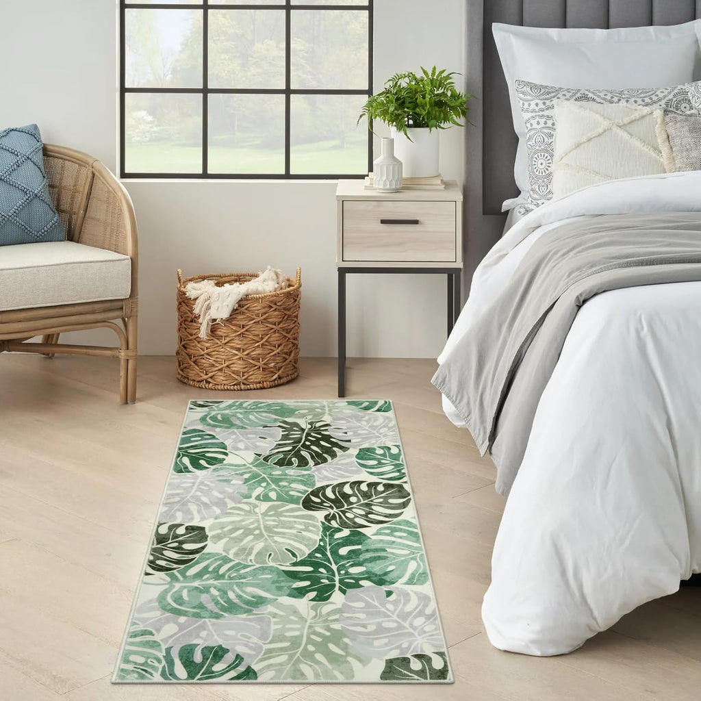 Wonnitar Monstera Leaf 2x4.3 Bathroom Runner Rug, Washable Non-Slip Bath Rug Runner, Coastal Green Soft Laundry Room Carpet, Low Pile Floor Carpet for Bedroom Entry Kitchen