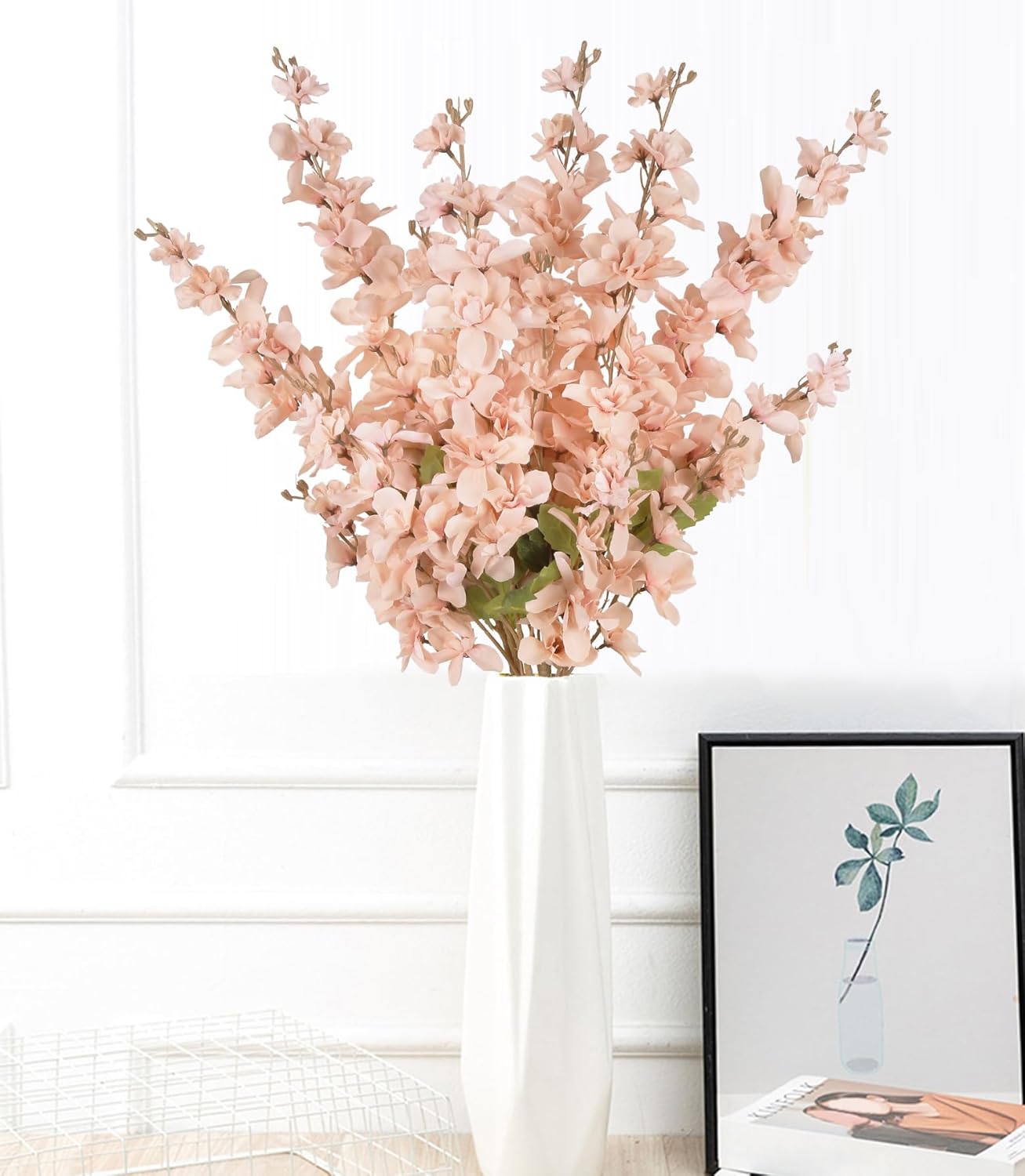 6PCS Silk Delphinium Artificial Flower Lifelike Silk Larkspur Flowers Plant 35.43" Long Stem Blossoms Fake Flowers for Tall Vase Floral Arrangements Home Table Wedding Decor(Champagne Pink)