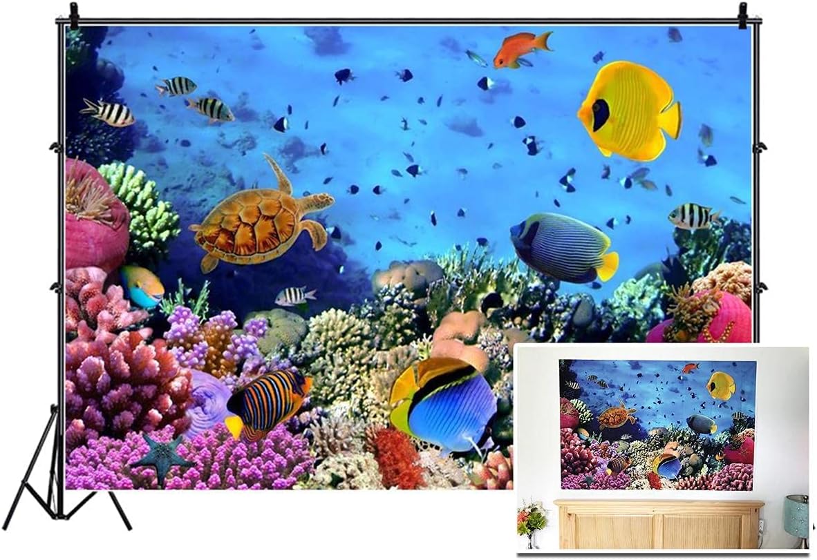 AOFOTO 12x10ft Underwater Ocean Coral Reef Backdrop Under The Sea Tropical Fish Sea Turtle Marine Life Photography Background Seabed World Nature Scene Aquarium Decor Kids Portrait Photo Shoot Props