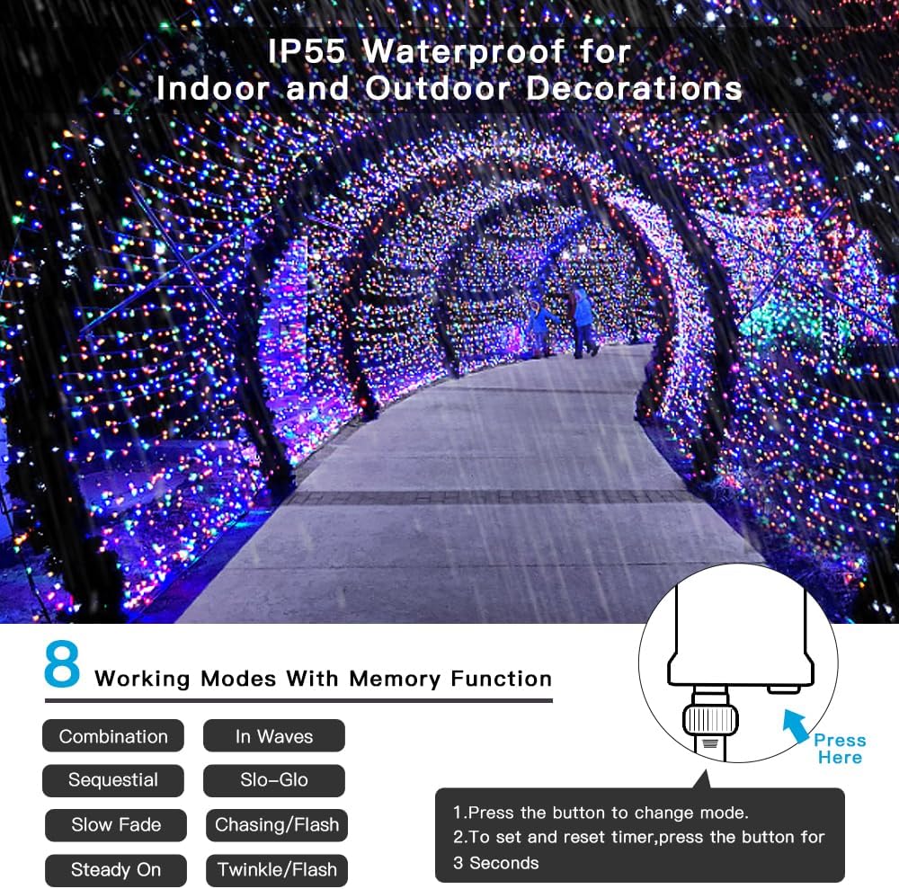 AmyHomie Multicolor Christmas Lights Outdoor, 300LED Lights with 8 Lighting Modes, End to End Connectable Fairy String Lights for Indoor Outdoor Christmas Decoration