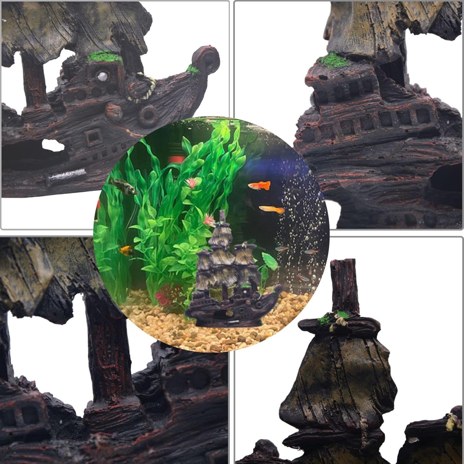 Saim Aquarium Shipwreck Decorations Fish Tank Ornaments, Fish Tank Lifelike Ship Decor, Resin Pirate Ship Decor, Sunken Ship Tabletop Ornaments Fish Shrimp Cave Hide