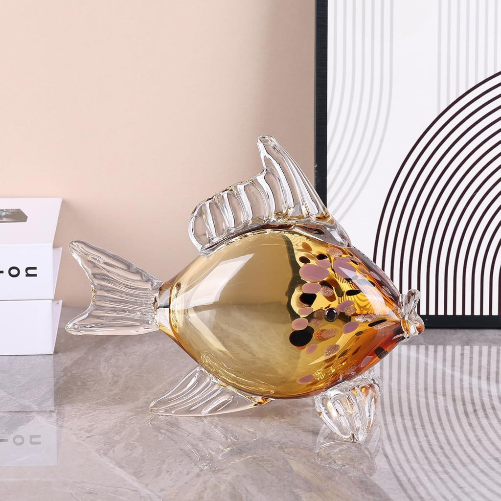 LCCCK Large Hand Blown Glass Fish Figurines, Aquarium Sea Glass Art, Fish Statue Sculpture Modern Coastal Accent - for Beach Knick Knacks, Coffee Tables, Nautical Offices Centerpiece (Gold)