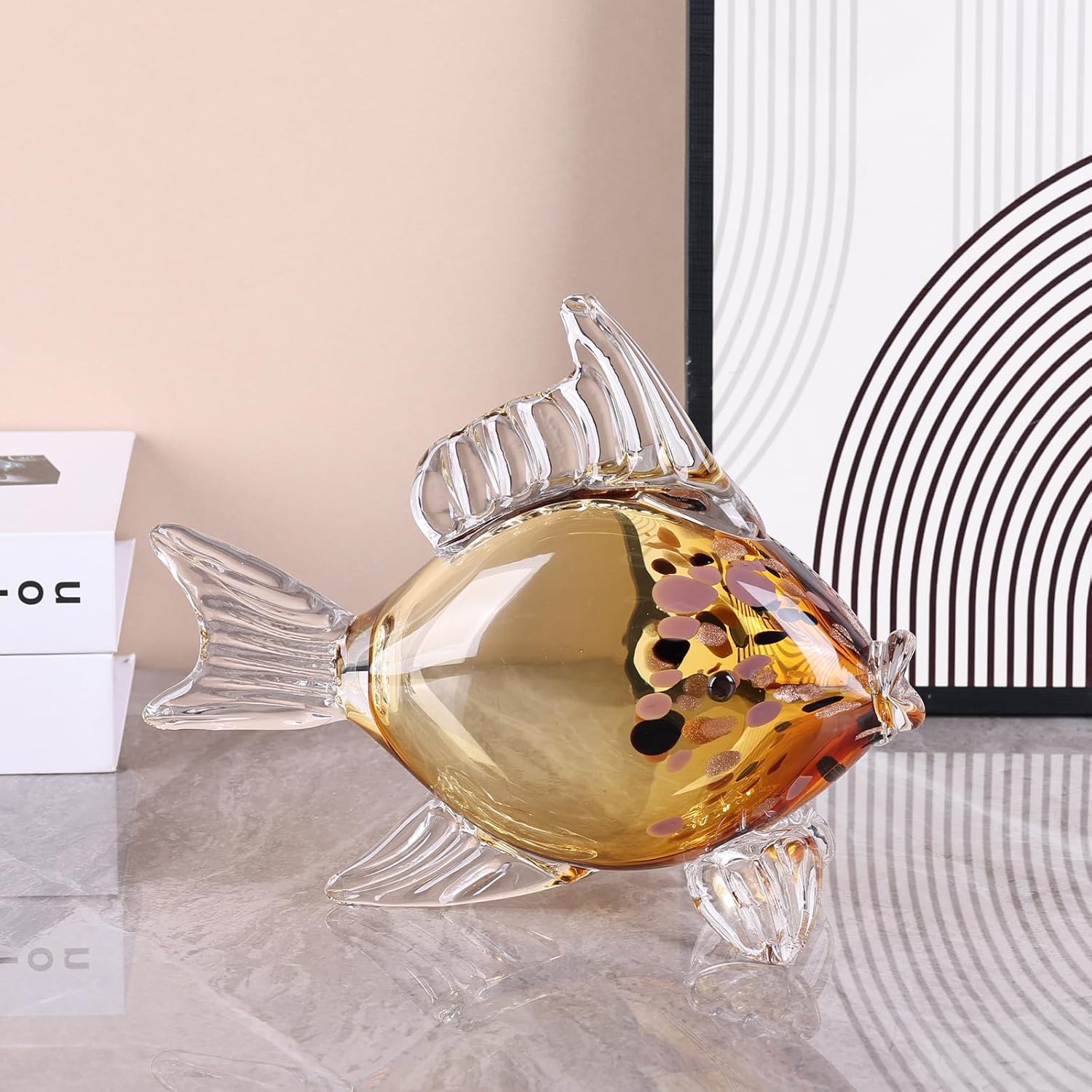 LCCCK Large Hand Blown Glass Fish Figurines, Aquarium Sea Glass Art, Fish Statue Sculpture Modern Coastal Accent - for Beach Knick Knacks, Coffee Tables, Nautical Offices Centerpiece (Gold)