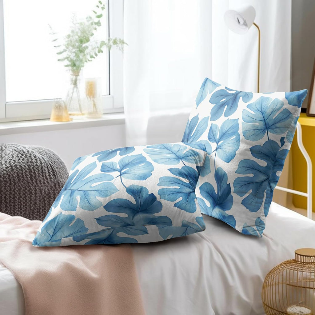 Blue Tropical Leaves Throw Pillow Covers Set of 2 Ultra-Soft All-Season Pillow Shams with Hidden Zipper,Durable for Sofa Bed Car Decor & Gift Luxury 18x18IN