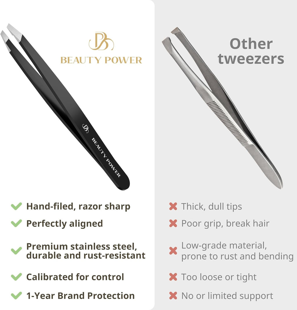 Professional Ultra-Precision Slant Tweezers for Women Facial Hair - German Stainless Steel, Tweezers for Men & Women, Black Eyebrow Tweezer for Ingrown Hair - Black