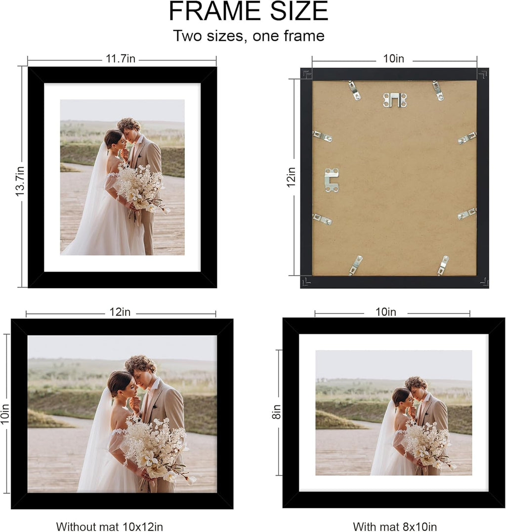 10x12 Picture Frame Set of 4, Made of Real Glass and Black Frame - Display Picture 8x10 with Mat or 10x12 Without Mat, 10 by 12 Photo for Wall Mounting