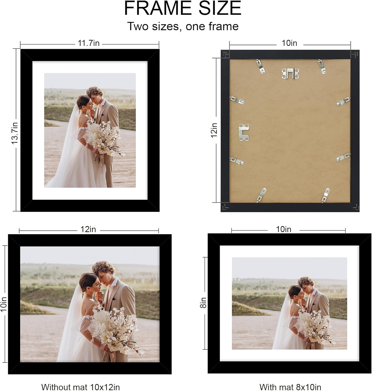 10x12 Picture Frame Set of 4, Made of Real Glass and Black Frame - Display Picture 8x10 with Mat or 10x12 Without Mat, 10 by 12 Photo for Wall Mounting