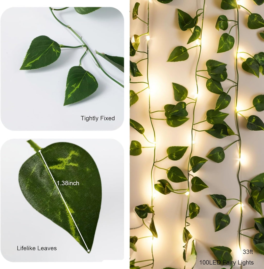 33ft 100 LED Pothos String Lights with Remote, Vine with Fairy Lights Battery Operated，Leaf for Bedroom Garden Party Wall Room Decor(Warm White)