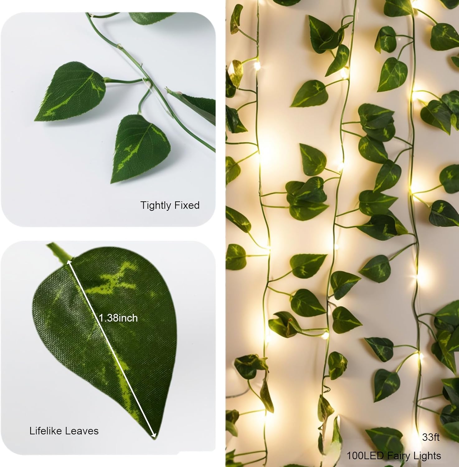 33ft 100 LED Pothos String Lights with Remote, Vine with Fairy Lights Battery Operated，Leaf for Bedroom Garden Party Wall Room Decor(Warm White)