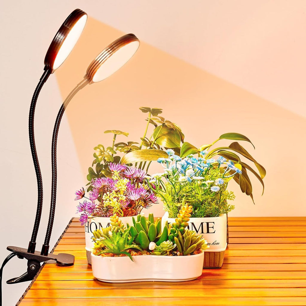 Clip on Grow Lights for Indoor Plants, Full Spectrum Plant Grow Lights, 2 Head Growing Lamp with Timer, 3 Dimmable Brightness Levels, Low Safe Voltage, Perfect for Small Plants