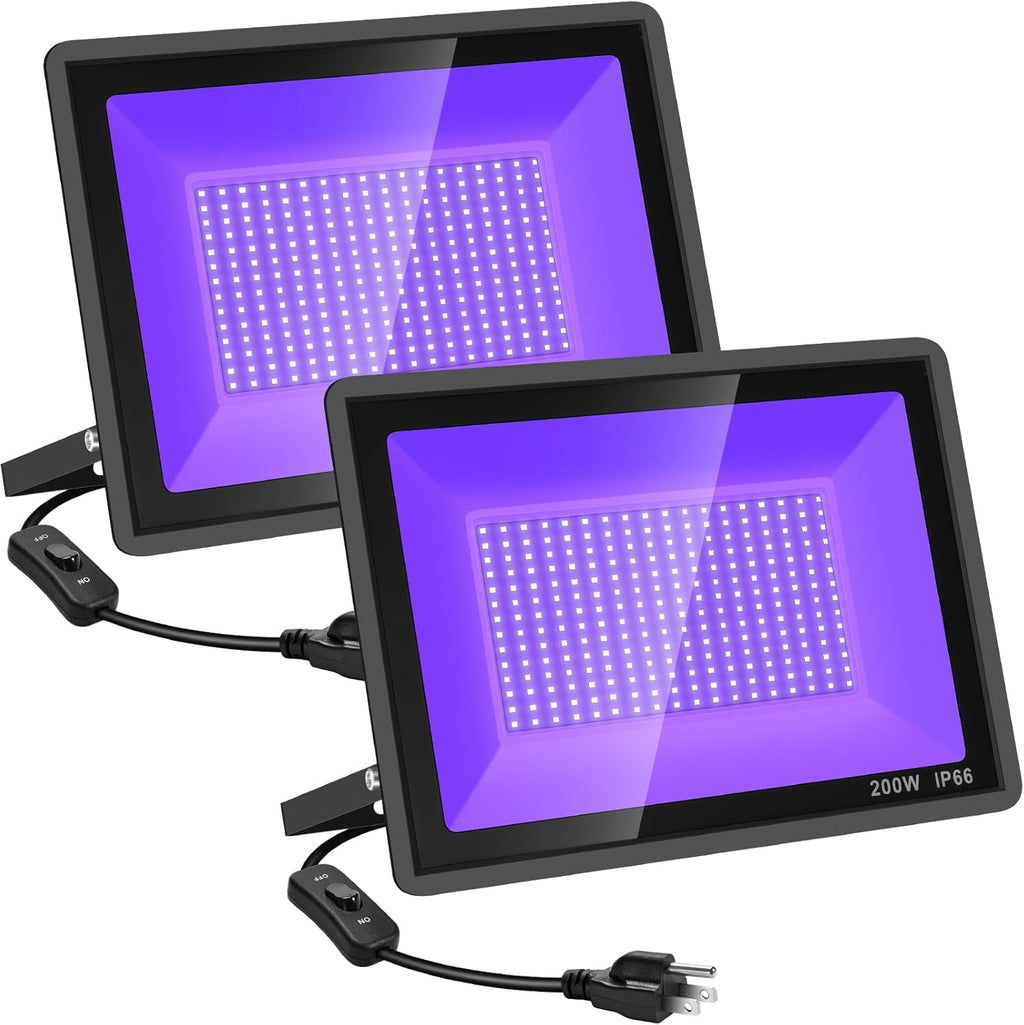 200W 2 Pack LED Black Light, Halloween Outdoor Blacklight Flood With Plug and Switch, IP66 Waterproof for Glow in The Dark, Party, Body Paint, Florescent, Aquarium
