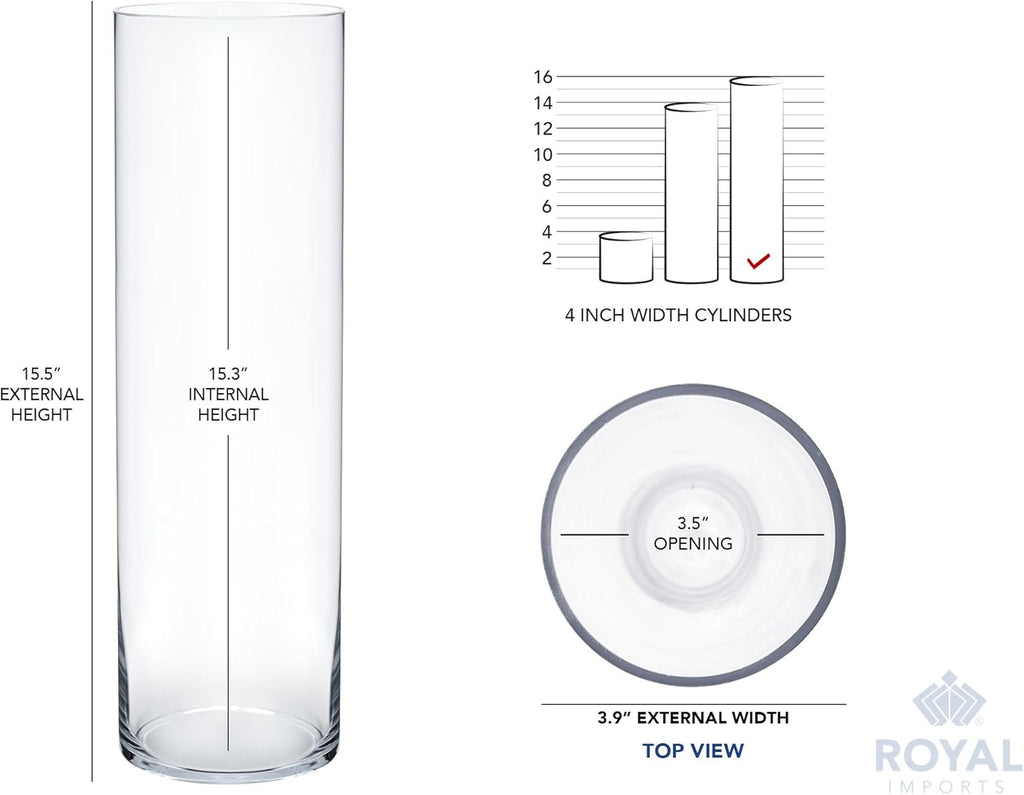 Royal Imports Flower Glass Vase Decorative Centerpiece for Home or Wedding - Cylinder Shape, 16" Tall, 4" Opening, Clear