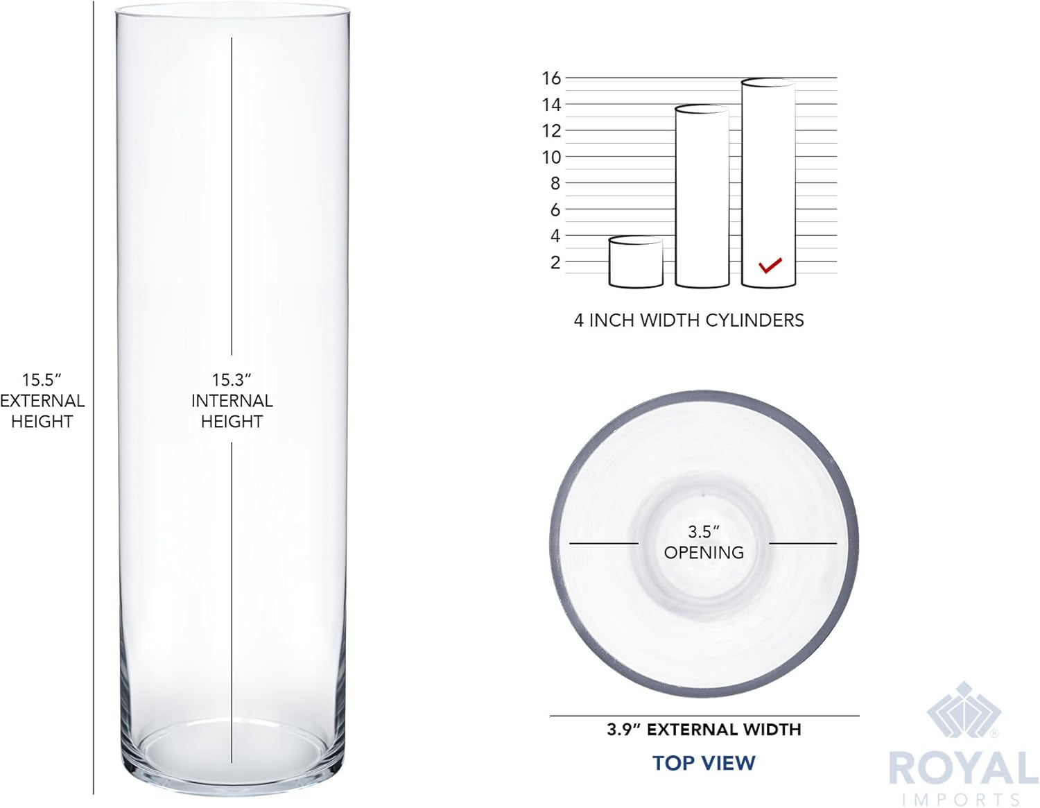 Royal Imports Flower Glass Vase Decorative Centerpiece for Home or Wedding - Cylinder Shape, 16" Tall, 4" Opening, Clear