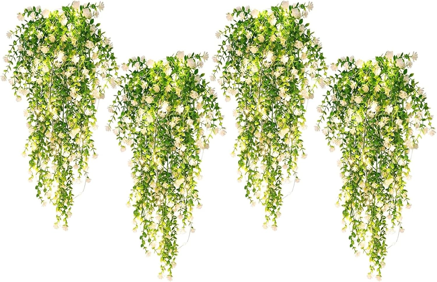 SJL Hanging Faux Plants Indoor 4pcs Fake Flowers Plant Fern with LED Lights Artificial Vines for Outdoors Real Touch Fake Plants All Year Round Eucalyptus Decor for Garden Porch (White)