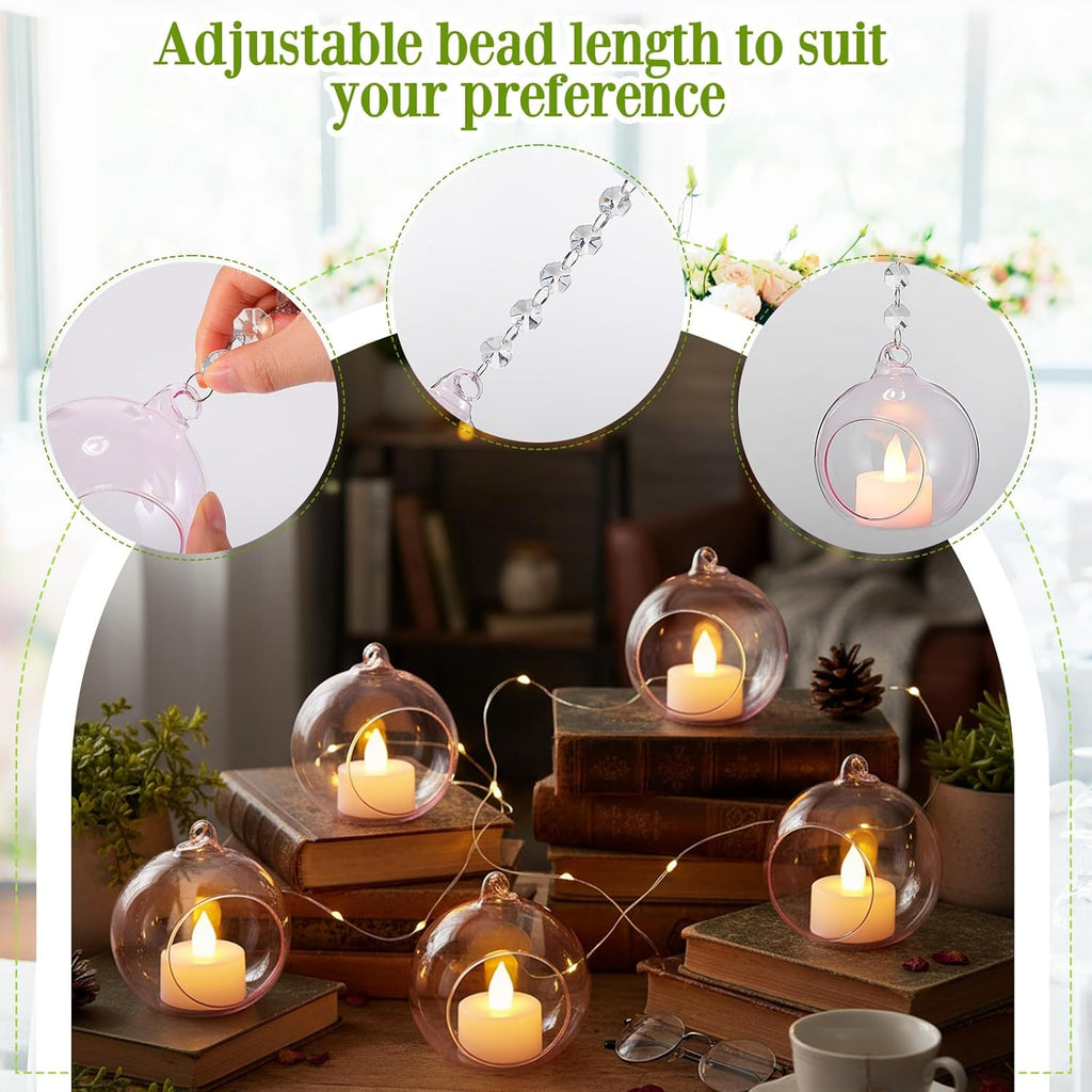 3.15'' Pink Hanging Glass Tealight Holder Globe and Clear K9 Crystal Garland Strands, Hanging Glass Terrarium Containers for Wedding Party Tree Decoration(17 Pcs)