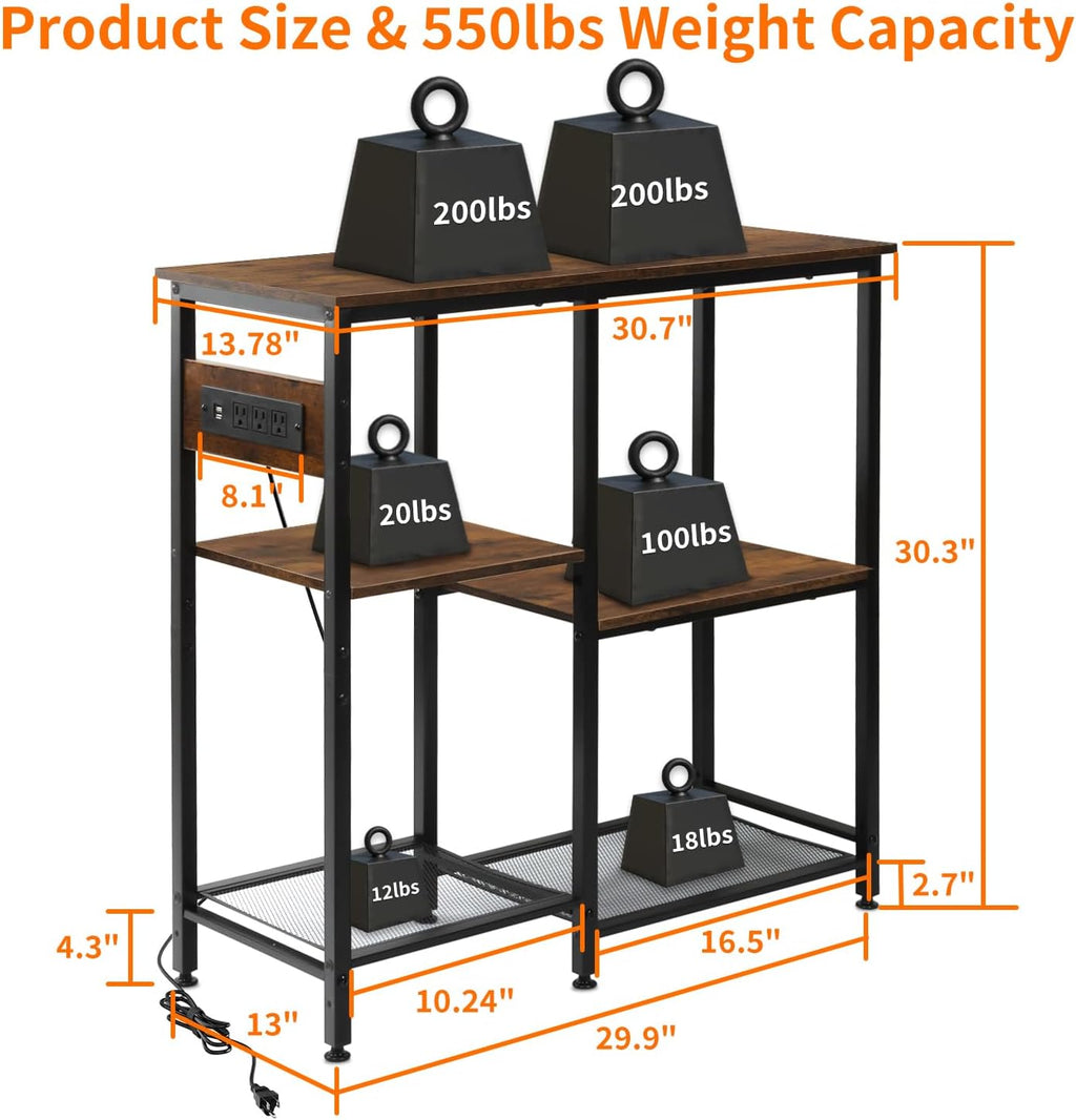 20-29-37 Gallon Fish Tank Stand with 3 Power Outlet 2 USB Port, Metal Aquarium Stand with 4-Tier Adjustable Storage Shelves, 30''L* 13''W*30''H Reptile Tank Stand, Fish Tank Table, 500lbs Capacity
