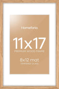 Homeforia 11x17 Wood Frame, High End Natural Oak 11x17 Light Wooden Picture Frame with Mat 8x12, 11 x 17 Poster Frames Matted to 8 by 12 Photo, 17x11 Hanging Frames, Tempered Glass, Wall Kit, Set of 1
